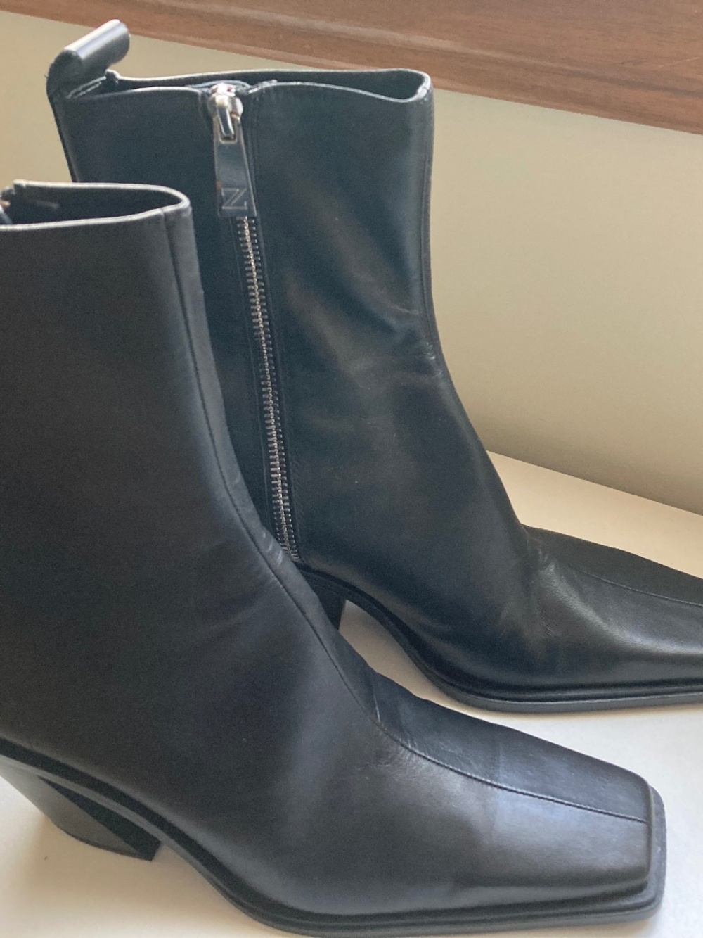 Zara Black Leather Square Toe Boots 2.5" Heel